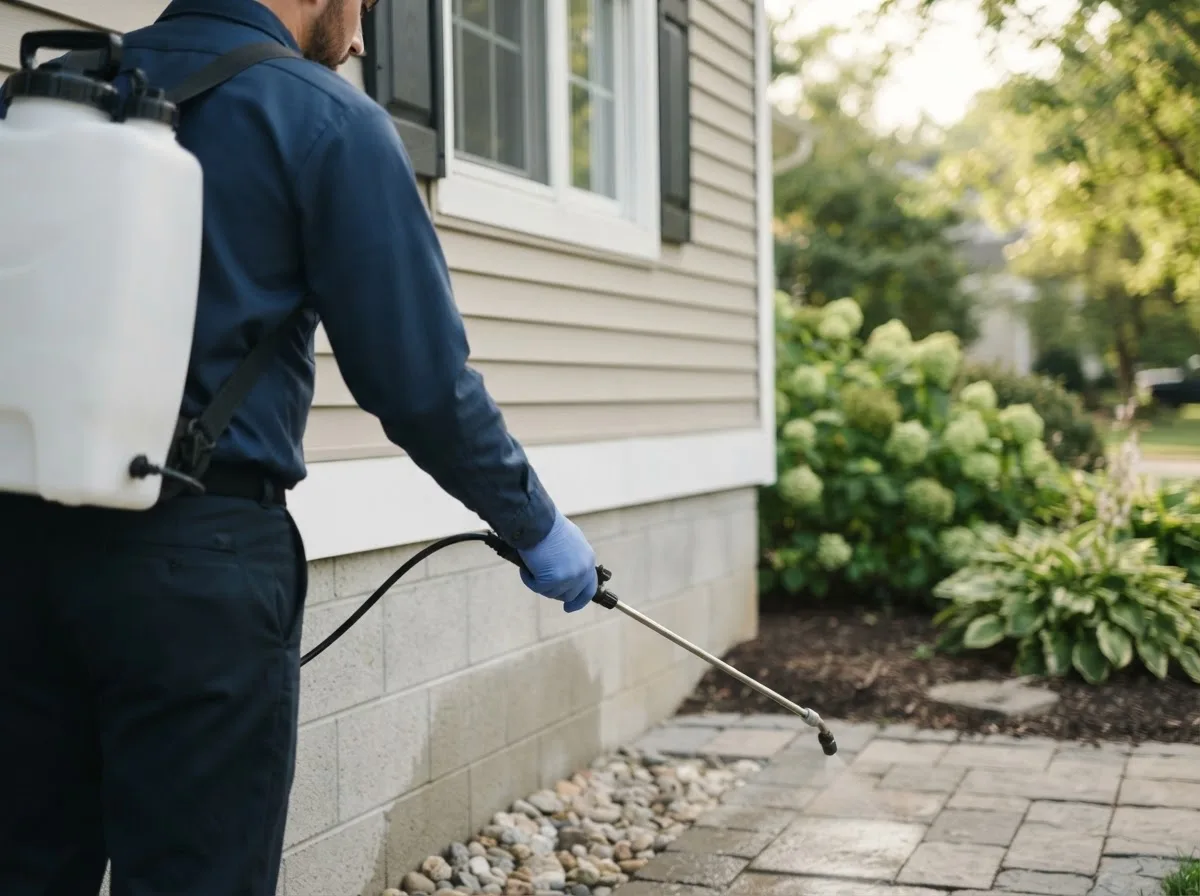 Pest control technician inspecting a home in Copan, OK